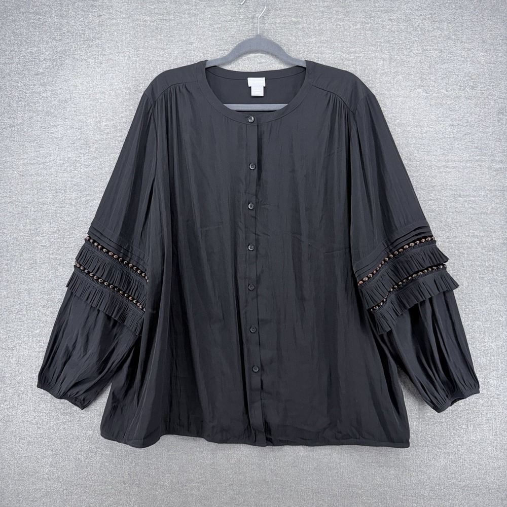 Chicos Blouse Top Women Size 4/20 Black Long Sleeve Ruffle Button Up